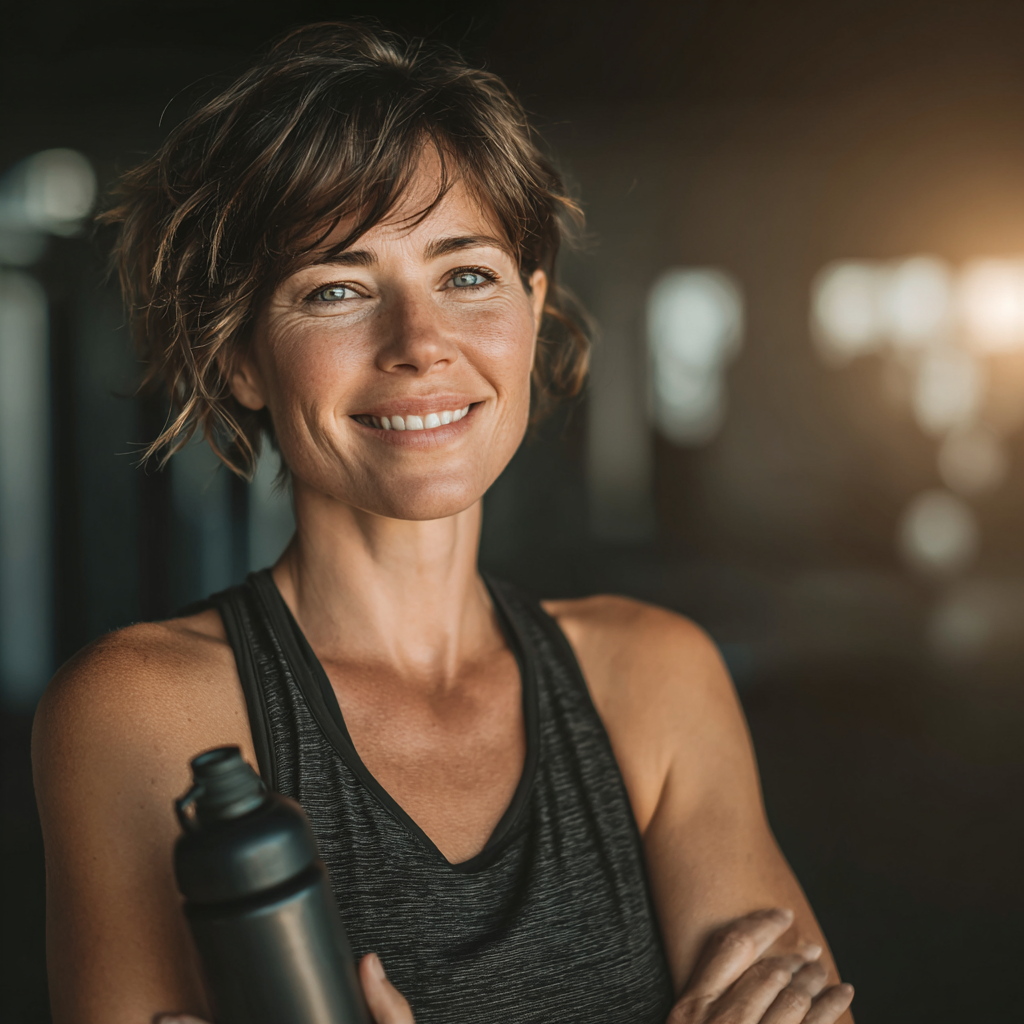 A confident and energetic 45-year-old woman with short brown hair wearing athletic clothing, standing in a modern fitness studio with natural lighting, holding a water bottle and smiling warmly at the camera, representing the active lifestyle and health consciousness of mature adults