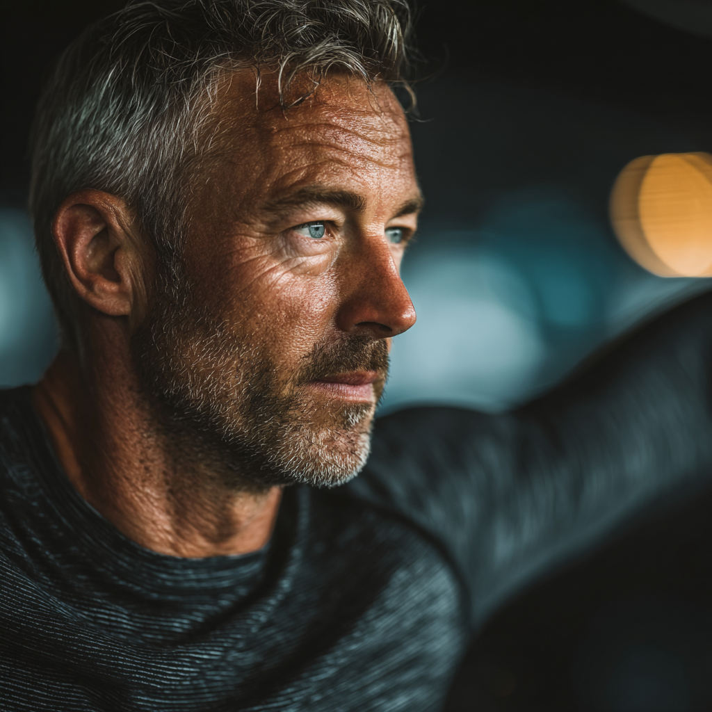 A mature man in his early 50s with graying hair wearing comfortable workout attire, performing a functional movement exercise in a well-lit fitness facility, showing focus and determination while maintaining proper form, exemplifying the dedication and health-conscious approach of adults in their middle age